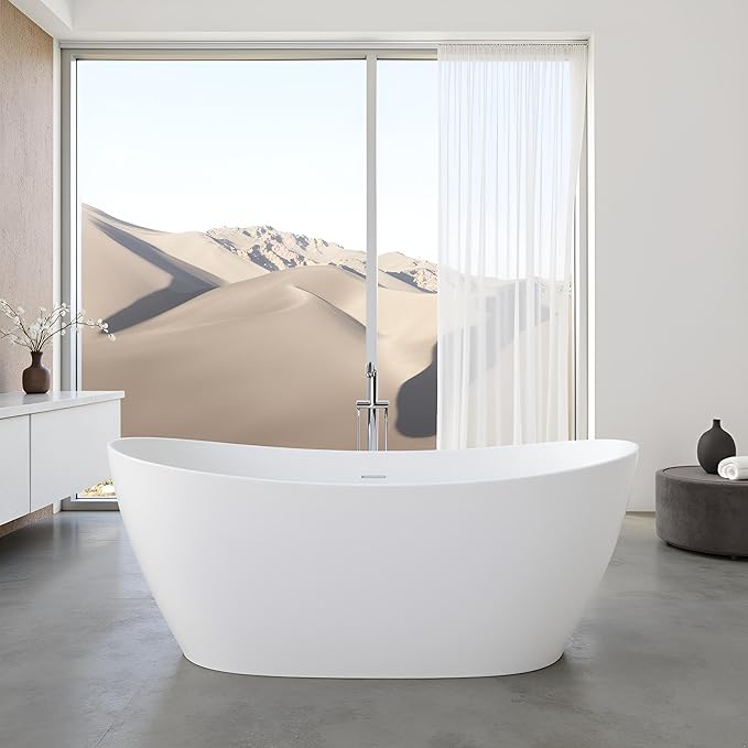 55'' High-back Freestanding Solid Surface Resin Stone Bathtub, Freestanding Tub, Contemporary Design Stand Alone Tub with Pop-up Drain and Overflow, Matte White (Oval)