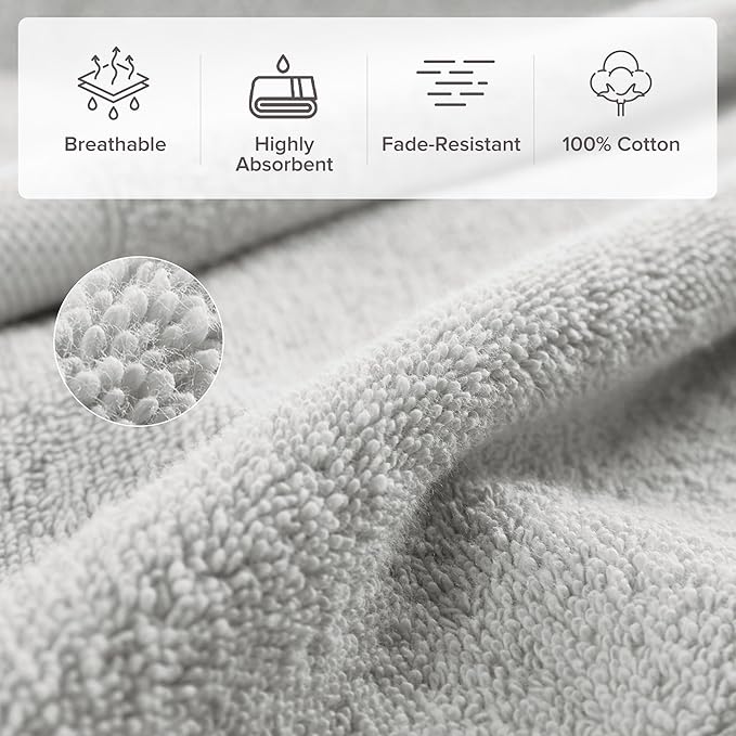 Comfort Spaces Turkish Bath Towel Set of 4 Piece 27x54 Medium 100% Cotton Towels Highly Absorbent Soft Quick Dry Shower for Bathroom Spa Light Grey