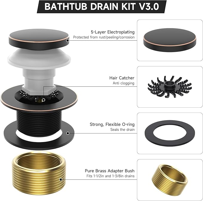 Tub Drain Kit, Tip-Toe Bathtub Drains and Overflow Kit, Bathroom Bath Tub Drain Replacement Kit, Brass Metal Tub Drain Cover, Tub Trim Set and Universal Fine/Coarse Thread-Oil Rubbed Bronze
