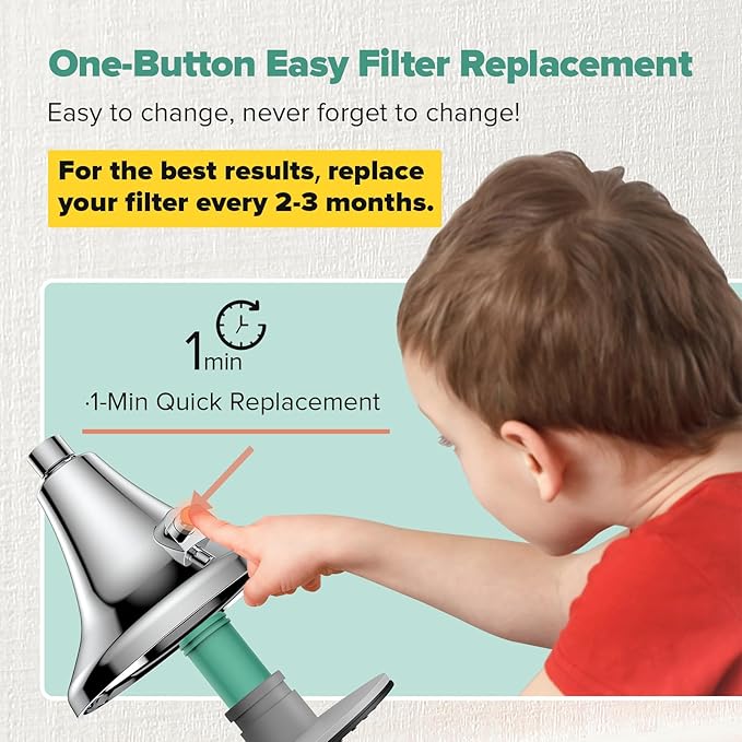 High Pressure Filtered Shower Head, One-Button Filter Replacement, Designed for Hard Water, Removes Chlorine & Impurities, Say Goodbye to Dry Skin & Frizzy Hair, 1-Minute Installation