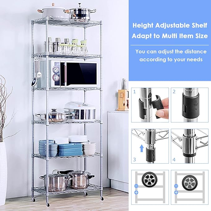 BNSPLY 5 Tier Narrow Wire Shelving Unit with Wheels, Height Adjustable Wire Shelves with NSF Certified, Mobile Metal Storage Rack for Kitchen, Laundry, Bathroom (17.7" D x 23.6" W x 71" H, Chrome)