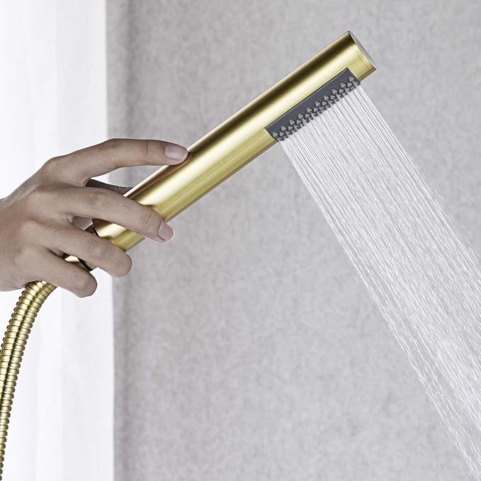 Freestanding Bathtub Faucet Tub Filler Brushed Gold Single Handle Floor Mounted Brass Faucets with Hand Shower