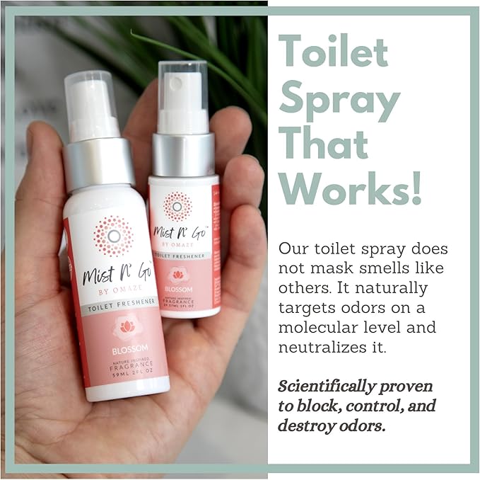 Mist N’ Go by Omaze Travel Bathroom Spray for Toilet Spray Odor Eliminator - Travel Toilet Spray for Bathroom Air Freshener Spray for Bathroom Deodorizer - Blossom Regular Size (2oz x1)