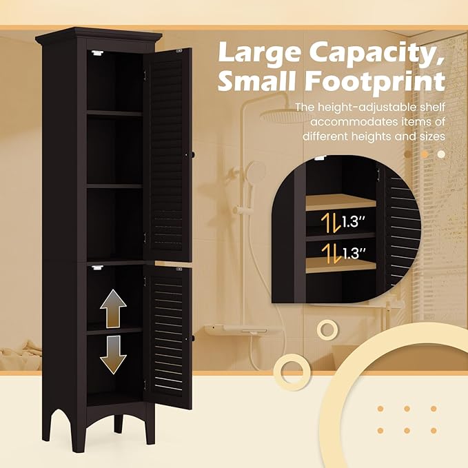 Tangkula 63" Tall Bathroom Storage Cabinet, Freestanding Narrow Linen Tower with Adjustable Shelf, Modern Slim Floor Cabinet with 2 Doors for Bathroom, Living Room, Kitchen (Brown)