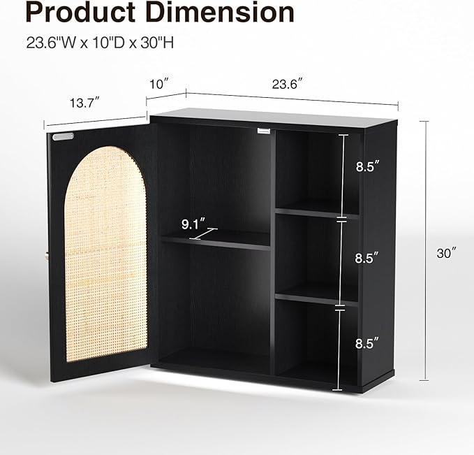 Rattan Bathroom Wall Cabinet, Boho Medicine Wall Cabinets with Door and Adjustable Shelves, Tall Kitchen Wall Mounted Storage Cabinet, Floating Hanging Cabinet Space Saver for Laundry Room,Black