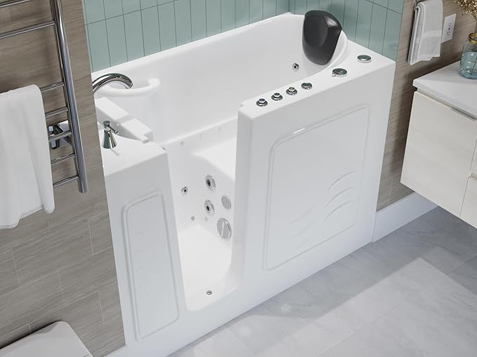 ANZZI Left Drain Walk-In Bathtub with 15 Whirlpool Jets in White | 53-60 x 26 in 115 Bubble Massage Jetted Hot Bath Tub with Waterfall Tub Filler Faucet and Handheld Shower Sprayer | AMZ5326LWD
