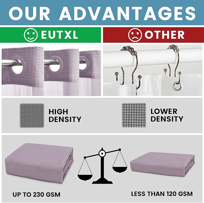 Lavender No Hook Shower Curtain with Snap in Liner,230GSM Waffle Weave Shower Curtains for Bathroom,71W x 74H