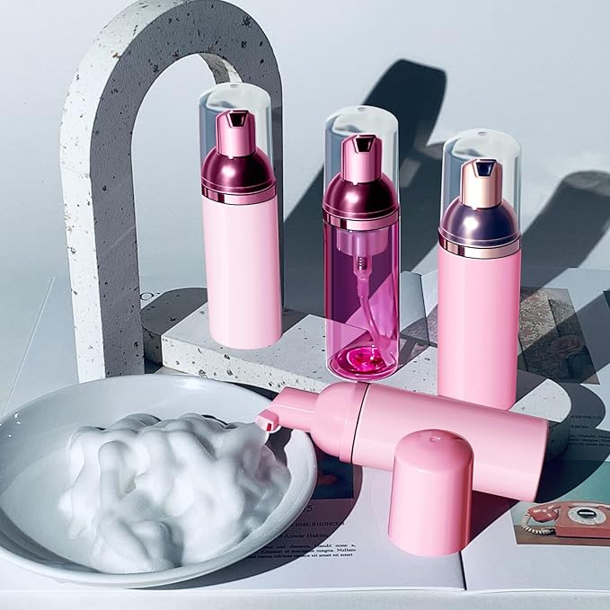 Lil Ray 2 Oz Empty Clear Rose Red Foam Pump Bottle, Travel Foamer Soap Dispenser for Lash Shampoo, Hand Soap, Foaming Cleaner(Rose Red Pump, 12 PCS)
