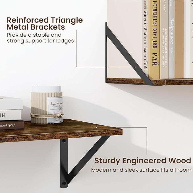 Fun Memories Deep Floating Shelves for Wall, 16W x 8D Wall Mounted Shelves Set of 2, Wide Display Ledge Shelf with Sturdy Metal Brackets for Living Room, Bathroom, Bedroom and Kitchen, Rustic Brown