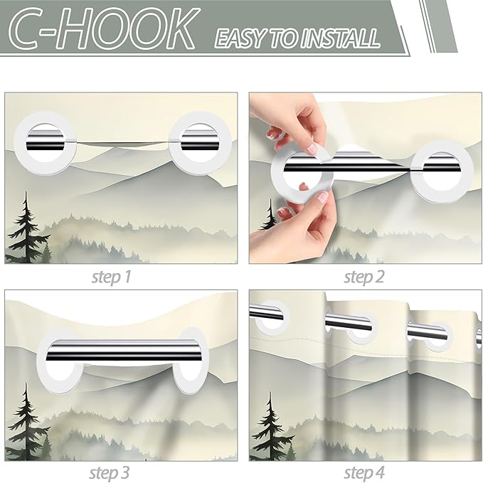 Forest Hookless Shower Curtain with Snap in Liner Set, Nature Mountain No Hook Shower Curtains for Bathroom, Double Layer Ringless, Liner with Magnets, Waterproof Cloth Fabric, 71" W x 74" L
