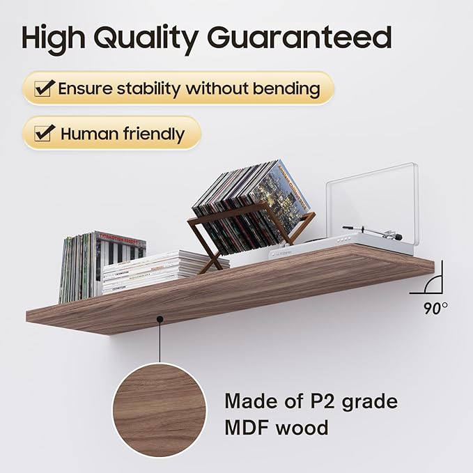 Wall Shelf Set of 3, Walnut Floating Shelves 24 in W x 10 in D x 1 in H, Wooden Floating Wall Shelf with Invisible Brackets for Living Room/Bedroom/Bathroom/Kitchen Storage and Decor