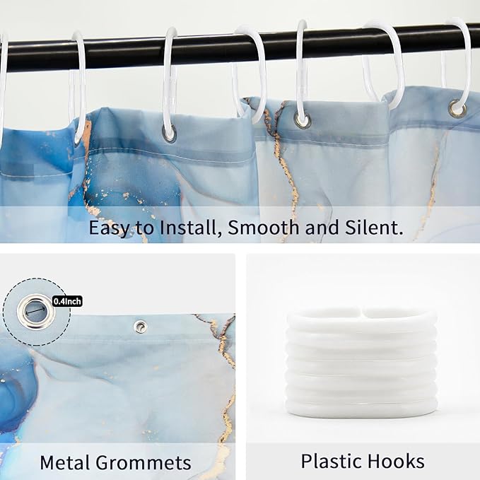 Gibelle Long Fabric Shower Curtain 72 x 78, Tall Abstract Blue Grey Marble Shower Curtain, Modern Ink Art Waterproof Fabric Shower Curtain Set with Hooks
