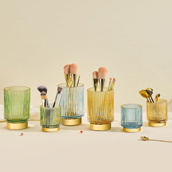 Makeup Brush Holder Organizer,Toothbrush Holders,Desk Pen Pencil Holder,Multifunctional Vintage Glass Brush Cup（L/Blue/A3-8-US）