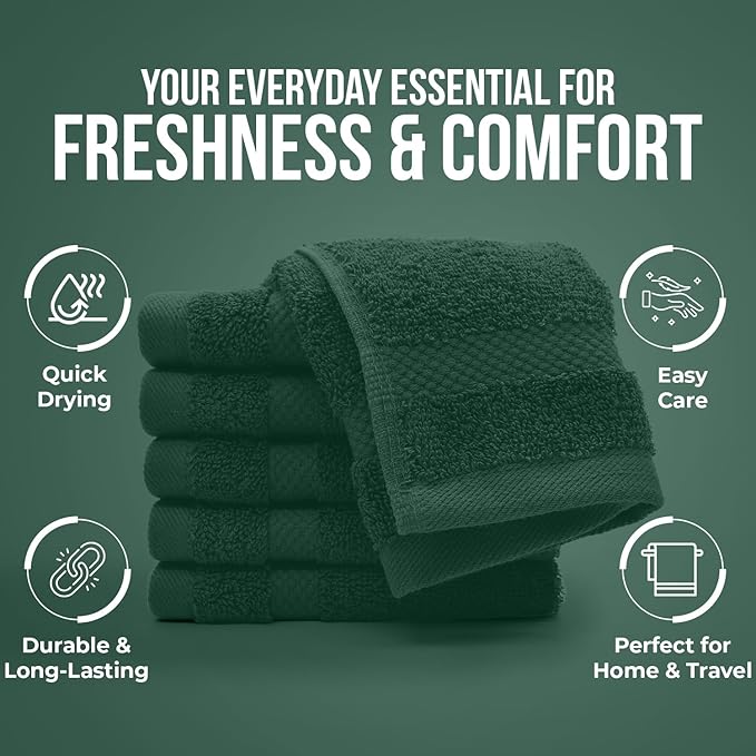 DAN RIVER 12-Pack Premium 100% Cotton Huntergreen Face Towels – Reusable Face Towel Set, Soft & Absorbent Cleaning Rags for Bathroom & Body – Hand and Face Towels, 550 GSM (12x12 in)