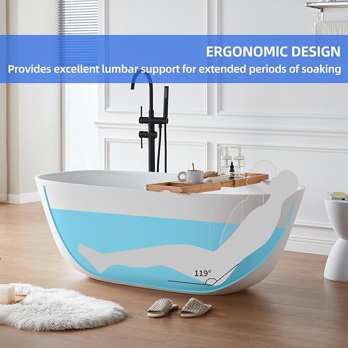 Cpingao (63"Lx31.5"Wx22"T) Stone Resin Solid Surface Freestanding Bathtub, Modern Elegant Design Soaking Stand Alone Tub, Matte White, Chrome Drain and Overflow Included 8823A