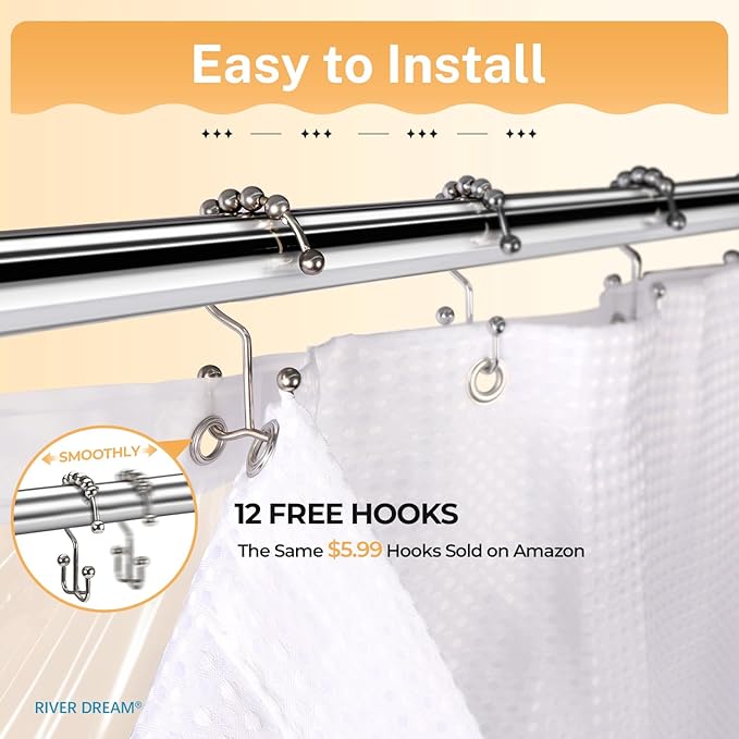 River Dream Extra Long Waffle 3 in 1 Shower Curtain Set, White Fabric Shower Curtain and Clear Liner Set with Double Sided Hooks, Waterproof, 72" W*84" H