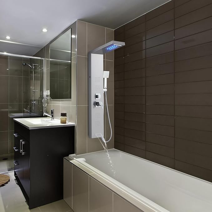 ROVOGO LED Shower Panel Tower System, 5-Function Shower Column with Rainfall Waterfall Shower Head, 4 Body Jets, Handheld and Tub Spout, Stainless Steel Brushed