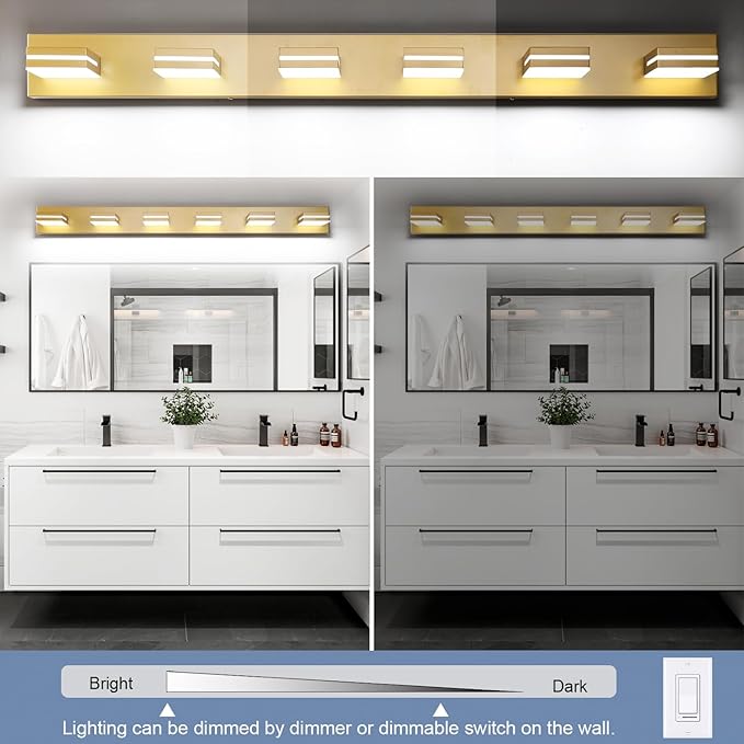 SineRise LED Modern Bathroom Vanity Light Fixtures (6-Light, 48-Inch, Dimmable), Matte Gold Modern Acrylic Bathroom Wall Lighting Fixtures Over Mirror (Cool White 6000K)