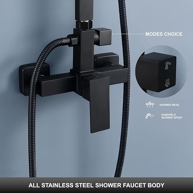 Outdoor Shower Kit, Solid Metal Tangular Outdoor Shower Faucet Fixtures with 8" Rainfall Showerhead with Handheld Sprayer Matte Black