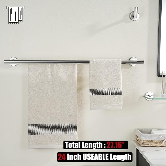 JQK Bathroom Hardware Towel Bar Set, 5-Piece Bath Accessories Set Polished Chrome Wall Mount Includes 24 in Towel Bar, 9 in HT Bar, TP Holder, Towel Hook x 2, BAS105-CH