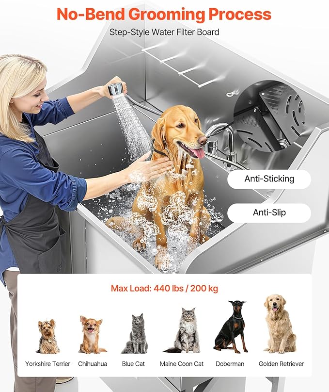 VEVOR Dog Bath Tub, Professional 50 Inch 304 Stainless Steel Dog Washing Station Anti-Slip Ramp & Storage Drawer, Hot Cold Water Faucet and Showerhead for Large Medium Small Dogs (Left Door)