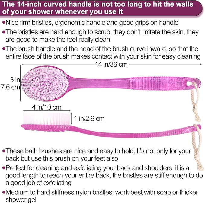 Back Bath Brush - Curved Long Handle Shower Brush with Medium Stiff Bristles for Cleaning and Exfoliating Body, Back Scrubber for Men & Women (Black + Pink 2 Pack)