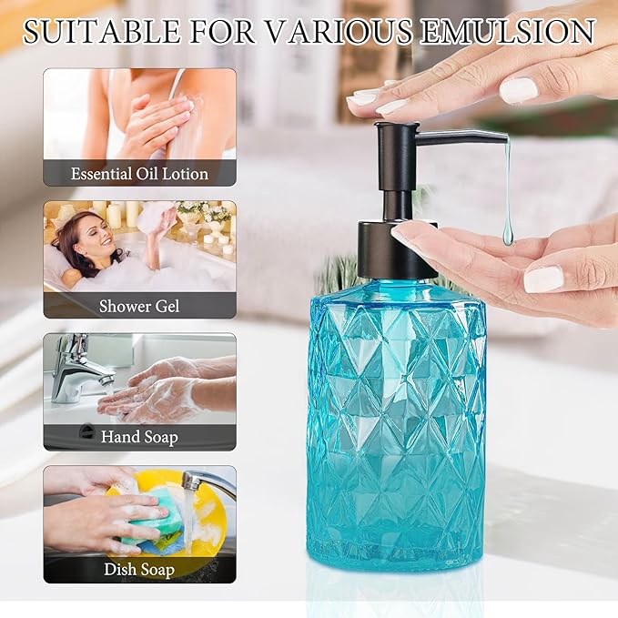 Clear Ocean Blue Glass Soap Dispenser with Plastic Pump, 2 Pack 12oz Diamond Design Bathroom Soap Dispenser for Hand Wash, Lotion Dispenser & Dish Soap Dispenser for Kitchen and Bathroom