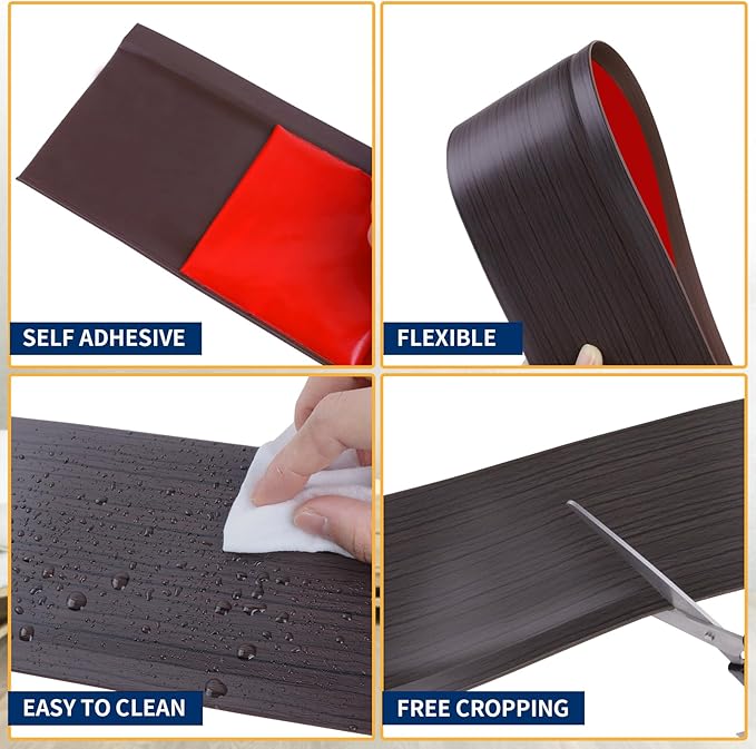 Flexible Baseboard Molding Trim 4 Inch Self-Adhesive Vinyl Wall Base Peel and Stick Cove Base Rubber Wall Baseboard Moulding Trim (60Ft, Dark Walnut Wood Grain)