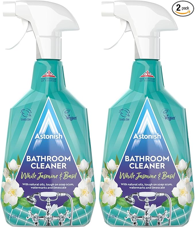 Astonish 750ml Streak-Free White Jasmine & Basil Foaming Bathroom Cleaner Spray Bottles, 2 Pack – Deep Clean Soap Scum, Watermarks & Limescale – Vegan, Cruelty-Free Household Cleaning Supplies