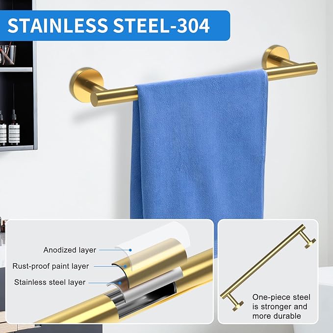Brushed Gold Bathroom Accessories, Bathroom Hardware Set, SUS304 Stainless Steel Bathroom Towel Holder Set, 16 Inch Towel Bar Set 5 Pcs, 2 Towel Hooks, Toilet Paper Holder, Towel Ring