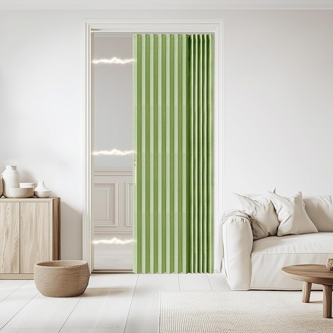Accordian Door Curtain, 100% Blackout Folding Magnetic Doorway Curtains,Linen Style Closet Doors,for Room Divider,Privacy Protection（W52 x L78,Green,1 Panel）
