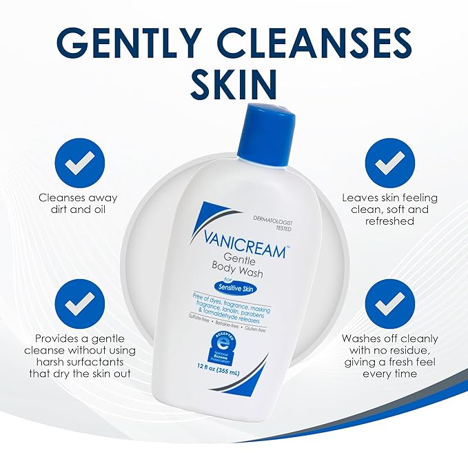 Vanicream Gentle Body Wash, 12 Fl Oz, Formulated without Common Irritants for Sensitive Skin, Gentle Cleanse and Moisture, Removes Dirt & Oils, Non-Drying, pH-Balanced Shower Gel