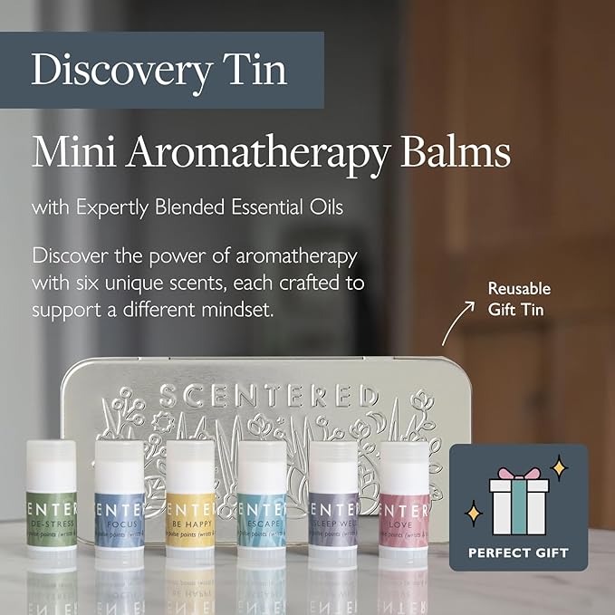 Scentered Aromatherapy Gift Set, Mini Roll On Essential Oil Balms for Sleep, Focus, Stress-Relief, Calm, Mood Boost - 6 x Premium Blends, 100% Natural - Self-Care Stocking Stuffers for Women