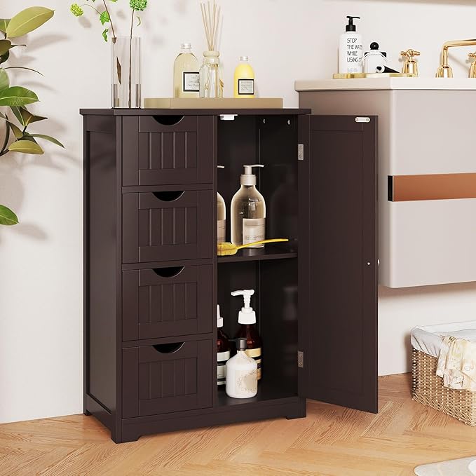 Tangkula Bathroom Floor Cabinet, Freestanding Storage Cabinet with 4 Drawers & Single Door, Adjustable Shelf, Multipurpose Bathroom Storage for Home Office, 21.5 x 12 x 32.5 Inches (Coffee)