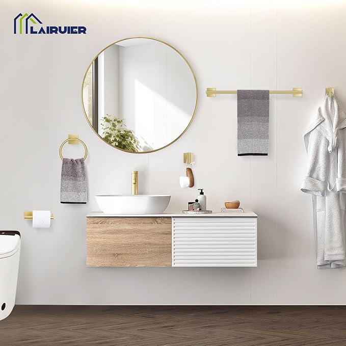 5 Pieces Bathroom Hardware Set Brushed Gold Towel Bar Set Includes 23.6” Towel Bar, Towel Ring Holder, Toilet Paper Holder and Two Towel Hooks, Bathroom Accessories Set SUS304 Wall Mounted