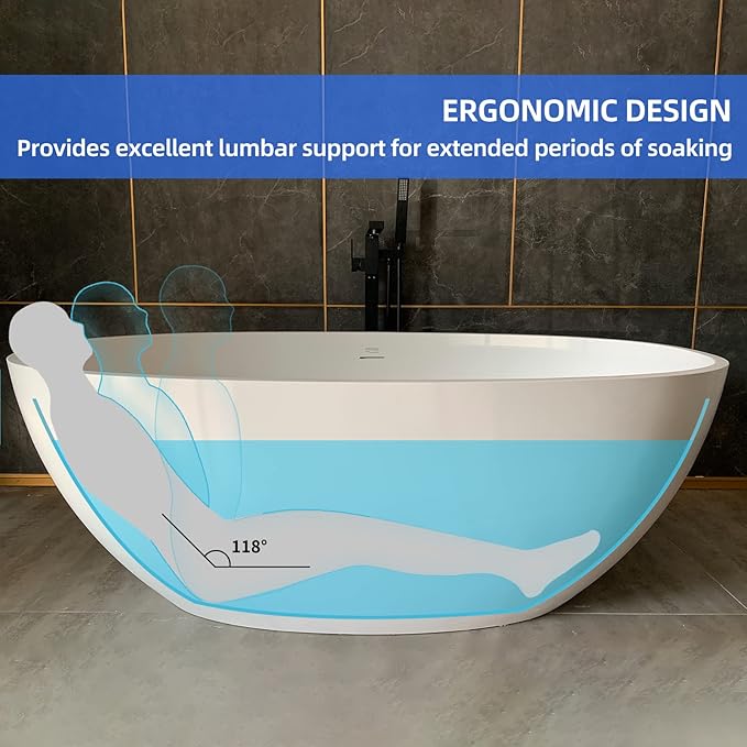 Cpingao 55" Freestanding Bathtub, Oval Shaped Stone Resin Freestanding Tubs, Solid Surface Matte White Soaking Tub with Overflow and Pop-up Drain