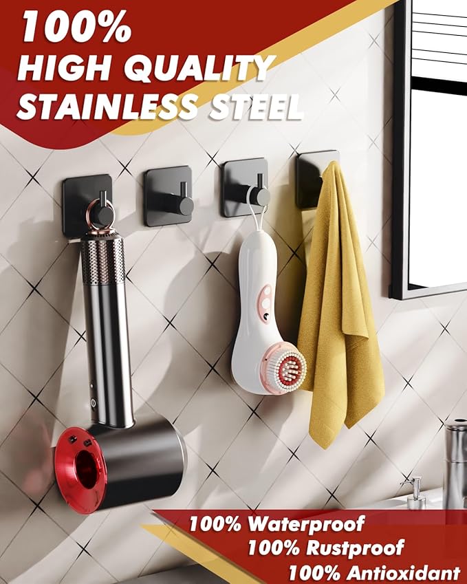 Auxmir Adhesive Hooks Heavy Duty 30lb(Max) Wall Hooks, 5 Pack Self Adhesive Damage Free Towel Rack, Stainless Steel for Coat Robe, Waterproof Oilproof Rustproof for Bathroom Shower Kitchen Office