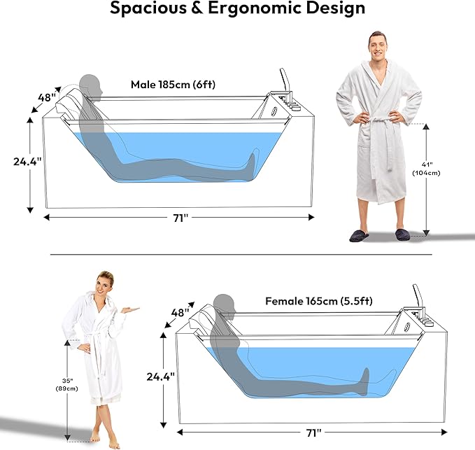 Empava PRO Series 71"x48" Whirlpool Tub | Heated Bubble Spa for 2 with Thermostatic Control & Chromotherapy | Acrylic Freestanding Soaking Bathtub, White (ETL Certified)
