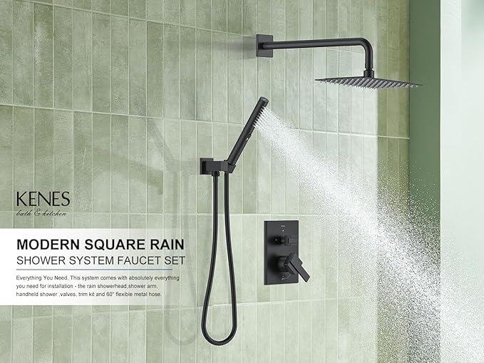 KENES Matte Black Rainfall Bathroom Shower System Rain Shower Head and Handle Set, Shower Faucet Set with 10-Inch Rain Showerhead and Handheld Spray, (Shower Valve Included), LJ-6026A-2