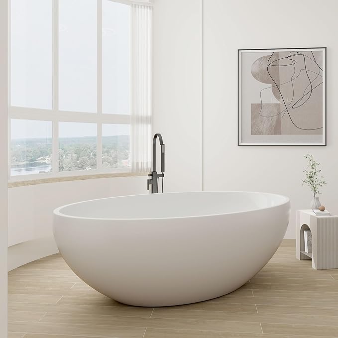 SJ STAR&JANE 67" x 39" Matte White Solid Surface Freestanding Bathtub, Oval Soaking Extra Wide Tub with Overflow and Pop-up Drain for Bathroom