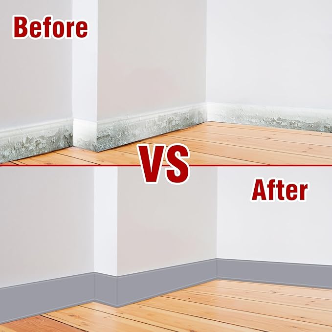 Vinyl Baseboard Molding Trim 4 Inch x 80 Feet Peel and Stick Baseboard Trim Flexible PVC Cove Base Moulding Self-Adhesive Trim for Garage Bathroom Cabinet Floor Walls, Gray