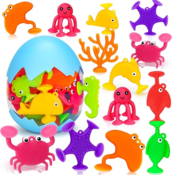 Toddler Suction Cup Bath Toys, Ocean Animal Bath Toys for Kids Ages 1-3 3-5 4-8 Mold Free Bathtub Window Building Toys Christmas Stocking Stuffers for 2 3 4 5 Year Old Boys Girls Birthday Gifts