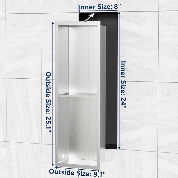Stainless Steel Shower Niche 24" X 8", No Tile Needed Wall Niche Double Shelves, Recessed Shower Shelf for Bathroom Storage, Brushed Nickel