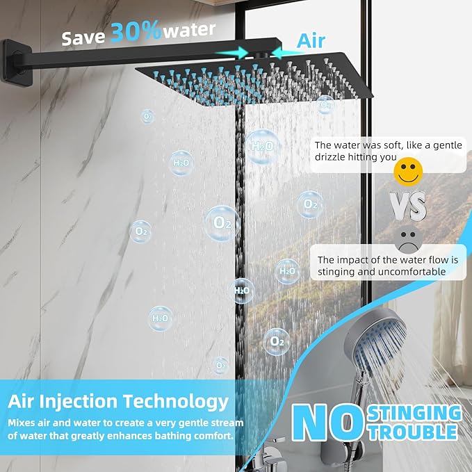 Bathroom Shower Faucet Set，12 Inch Rain Shower Head with Handheld Spray，Brass Shower Valve Trim Kit，Wall Mounted Square Rain Shower System (Matte black)