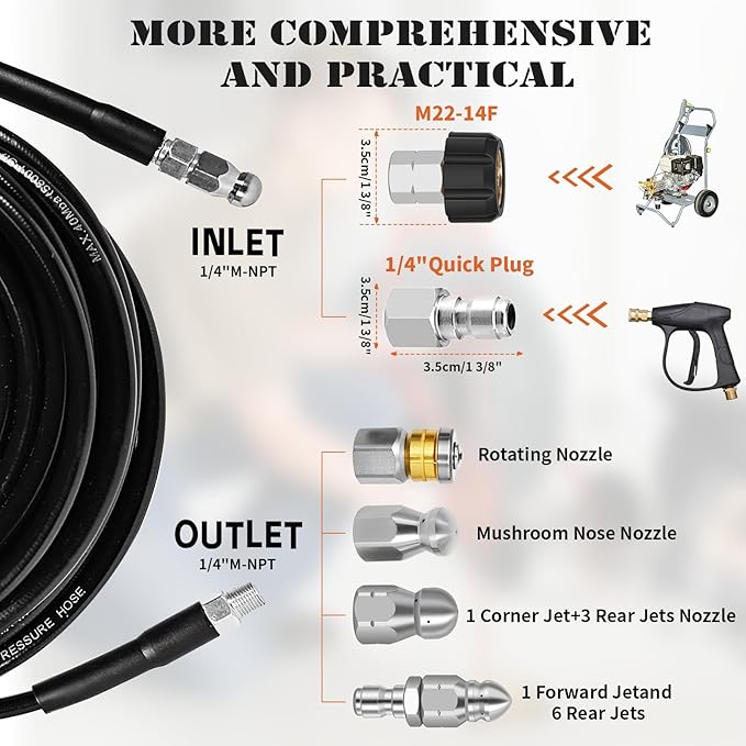 Sewer Jetter Kit for Pressure Washer 200FT, 5800PSI Drain Cleaner Hose with 1/4 Inch NPT Corner, Rotating Nozzle and 4 Different Button Nose Sewer Jet Nozzles, Waterproof Tape and 2 Spanners (Black)