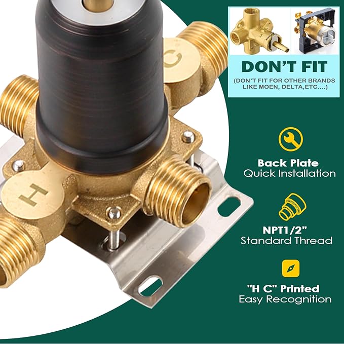 Oil Rubbed Bronze Shower Valve 2 Way Diverter with Single Handle Trim Kit, Dual-Function Pressure Balance Shower Faucet Control Kit Brass Rough-In 1/2" NPT Connection