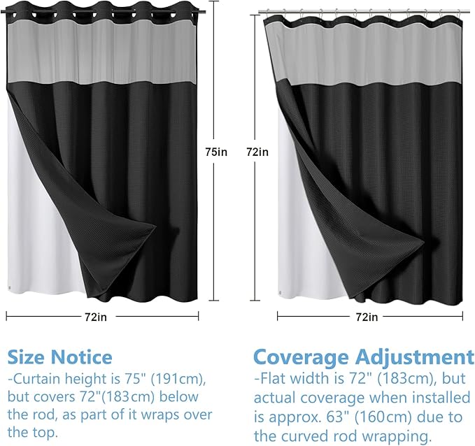 VANZAVANZU Hookless Shower Curtain with Mesh Top and Snap in Waterproof Liner, Waffle Weave, Weighted Magnets Hem, Machine Washable, 72 x 75 Inches – (Black)