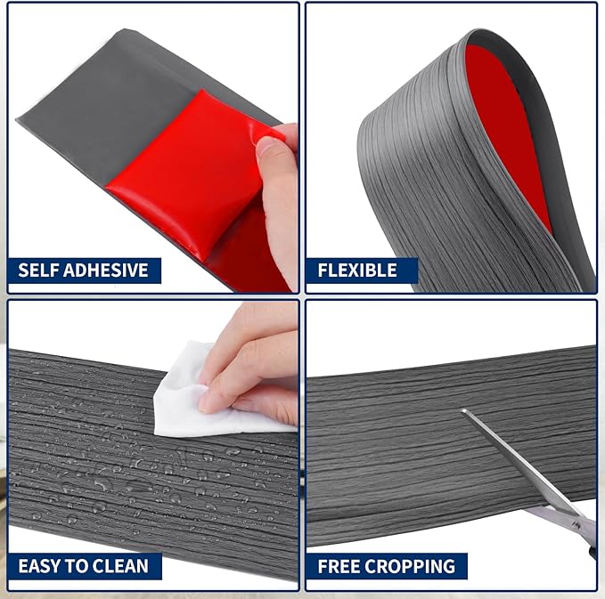 Flexible Baseboard Molding Trim 4 Inch Self-Adhesive Vinyl Wall Base Peel and Stick Cove Base Rubber Wall Baseboard Moulding Trim (100Ft, Deep Gray Wood Grain)