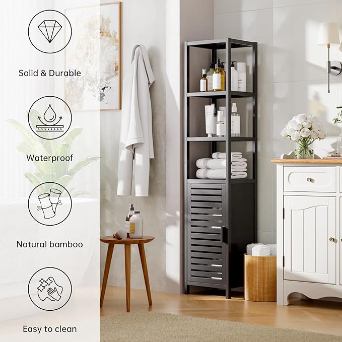 HITNET Bathroom Cabinet Freestanding, Tall Slim Bamboo Storage Cabinet with Shelves and Door, Space Saving Kitchen Cupboard Organizer, Black