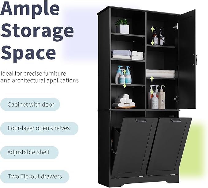 Favfurish 68" Tall Bathroom Storage Cabinet with Door and 2 Tilt-Out Laundry Hampers,Modern Linen Cabinets w/Open Shelf & Adjustable Shelves,Freestanding Organizer for Laundry Room,Kitchen,Black